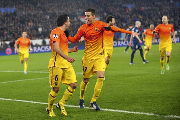 joie de Xavi Hernandez (Barca) - but penalty et des joueurs de barcelone FOOTBALL : PSG vs FC Barcelone - Quart de Finale Aller champions league - 02 04 2013 JBAutissier Panoramic 