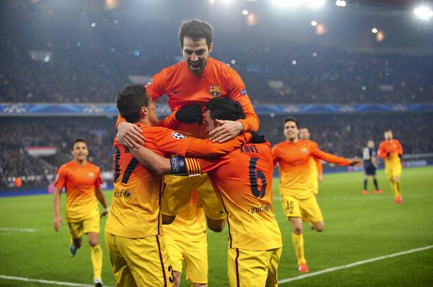 joie de Xavi Hernandez (Barca) - but penalty et des joueurs de barcelone - Cesc Fabregas FOOTBALL : PSG vs FC Barcelone - Quart de Finale Aller champions league - 02 04 2013 JBAutissier Panoramic 