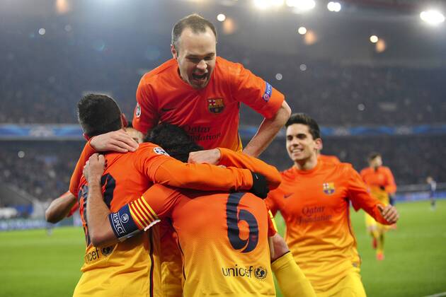 joie de Xavi Hernandez (Barca) - but penalty et des joueurs de barcelone - Andres Iniesta FOOTBALL : PSG vs FC Barcelone - Quart de Finale Aller champions league - 02 04 2013 JBAutissier Panoramic 
