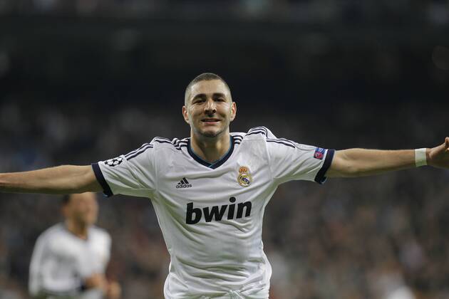 Soccer match between Real Madrid and Galatasaray corresponding to round of 4th first leg of the Champions League, held at the Santiago Bernabeu stadium, in Madrid 4 3 2013. Karim Benzema celebrate after scoring 