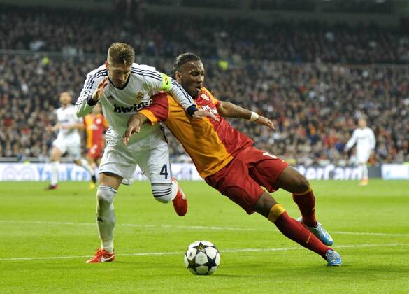 Didier Drogba, striker of Galatasara, in a contrast with Sergio Ramos, defender of Real Madrid - Real Madrid - Galatasaray - UEFA Champions League 2012 2013 - Quarters Finals- First Leg Match- 03 04 2013 - xFrancescaxCeciarini NJF Media 