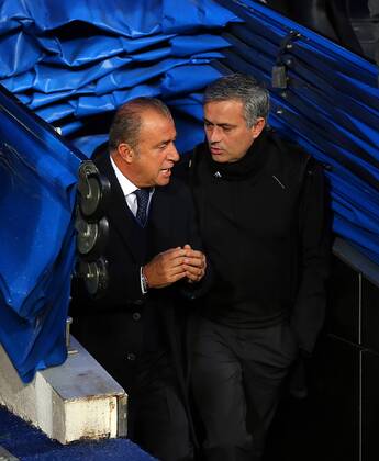 UEFA Champions League Quarter Final first leg match between Real Madrid and Galatasaray at Estadio Santiago Bernabeu on April 3, 2013 in Madrid, Spain. Pictured: Coach Fatih Terim (L) of Galatasaray and Coach Jose Mourinho of Real Madrid. 