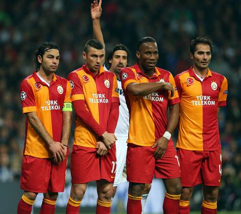UEFA Champions League Quarter Final first leg match between Real Madrid and Galatasaray at Estadio Santiago Bernabeu on April 3, 2013 in Madrid, Spain. Pictured: L-R, Selcuk Inan, Burak Yilmaz, Didier Drogba and Hamit Altintop of Galatasaray, and Sami Khedira, Real Mardrid 