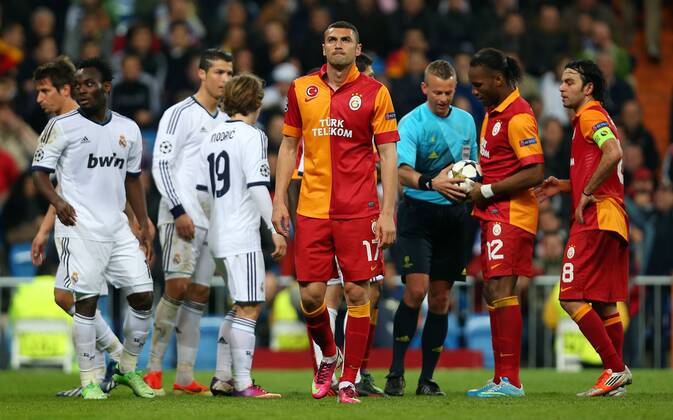 UEFA Champions League Quarter Final first leg match between Real Madrid and Galatasaray at Estadio Santiago Bernabeu on April 3, 2013 in Madrid, Spain. Match Scored: Real Madrid 3 - Galatasaray 0 Pictured: Burak Yilmaz and Didier Drogba of Galatasaray. 