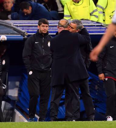 UEFA Champions League Quarter Final first leg match between Real Madrid and Galatasaray at Estadio Santiago Bernabeu on April 3, 2013 in Madrid, Spain. Match Scored: Real Madrid 3 - Galatasaray 0 Pictured: Coach Fatih Terim of Galatasaray and Coach Jose Mourinho of Real Madrid. 
