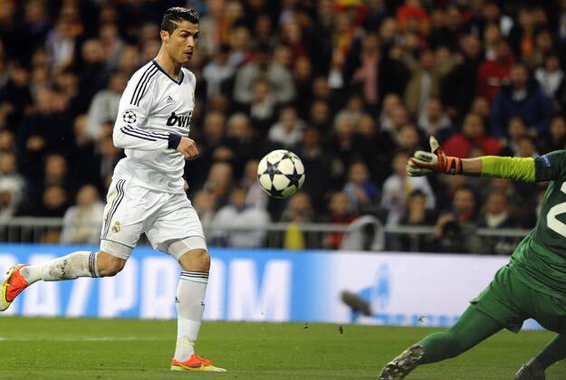 April 3, 2013 - Madrid, Spain - Madrid, Spain Champions League Real Madrid C.F vs Galatasaray S.C at Santiago Bernabeu..CRISTIANO RONALDO, observes his score, the first of Madrid, during the match between Galatasaray. Soccer 2013, Champions League. Real Madrid defeats Galatasaray.  - ZUMAm11