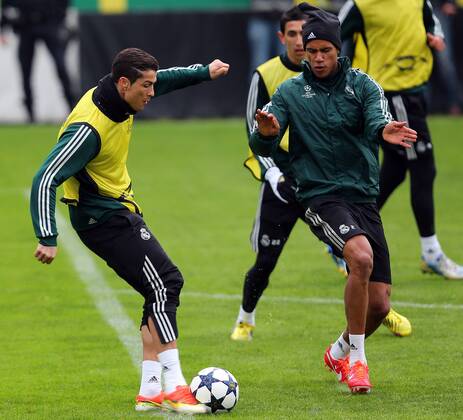 Real CF Madrid Football players training at Inonu Stadium in Istanbul ahead of their Champions league match against Galatasaray. 08.04.2013 Pictured: Cristiano Ronaldo and Raphael Varane. 