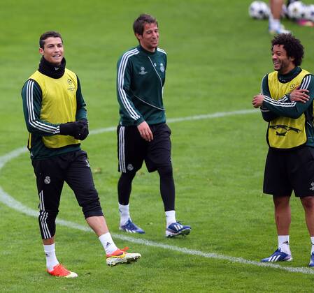 Real CF Madrid Football players training at Inonu Stadium in Istanbul ahead of their Champions league match against Galatasaray. 08.04.2013 Pictured: Cristiano Ronaldo (L), Fabio Coentrao (C) and Marcelo Vieira (R) 