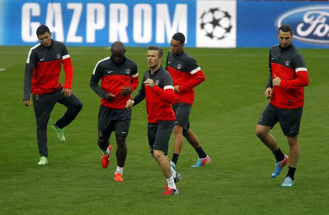 Barcelona, Camp Nou april 9. Thiago Silva (L), David Beckham (C) and Zlatan Ibrahimovic (R) Paris Saint Germain training before the match in Champions League 
