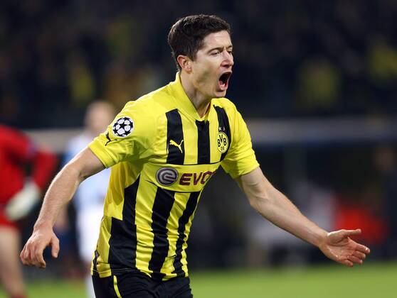 Dortmund Fußball Champions League Viertelfinale Borussia Dortmund vs. Malaga CF, Robert Lewandowski (BVB) jubelt über sein Tor zum 1:1