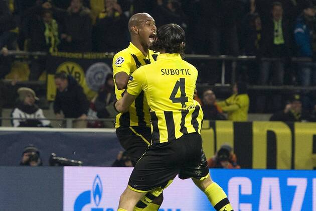 Torschütze Felipe SANTANA (li.) jubelt mit Neven SUBOTIC (beide DO) über das Tor zum 3:2 für Borussia Dortmund, Fussball Champions League, Viertelfinale, Borussia Dortmund (DO) - FC Malaga (Malaga), am 09.04.2013 in Dortmund Deutschland