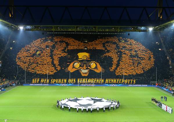 Dienstag, 09.04.2013, UEFA Champions League Viertelfinale Rückspiel, Saison 2012 2013 im Dortmunder Signal Iduna Park, BVB Borussia Dortmund, Choreografie Auf den Spuren des verlorenen Henkelpotts der BVB-Fans auf der Dortmunder Südtribüne