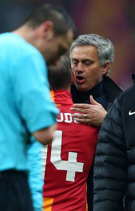 UEFA Champions League Quarter Final second leg match between Galatasaray and Real Madrid at Turk Telekom Arena Stadium on April 9, 2013 in Istanbul, Turkey. Match Scored: Galatasaray 3 - Real Madrid 2 Pictured: Wesley Sneijder of Galatasaray and Coach Jose Mourinho of Real Madrid. 