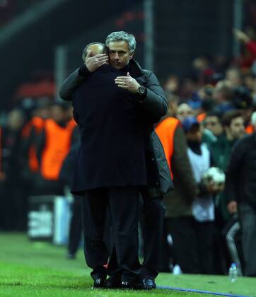 UEFA Champions League Quarter Final second leg match between Galatasaray and Real Madrid at Turk Telekom Arena Stadium on April 9, 2013 in Istanbul, Turkey. Match Scored: Galatasaray 3 - Real Madrid 2 Pictured: Coach Fatih Terim of Galatasaray and Coach Jose Mourinho of Real Madrid. 