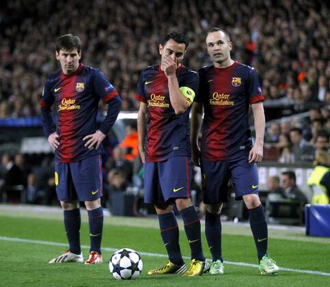 Barcelona, Camp Nou april 10. Champions League FC Barcelona vs PSG. Lionel Messi, Xavi Hernandez, Andres Iniesta Foto: R.SOLANA 