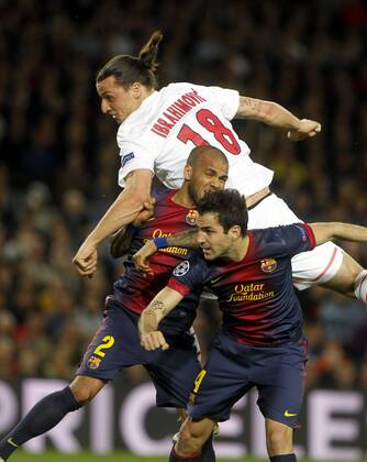 Barcelona, Camp Nou april 10. Champions League FC Barcelona vs PSG. Zlatan Ibrahimovic, Dani Alves, Cesc Fabregas Foto: R.SOLANA 