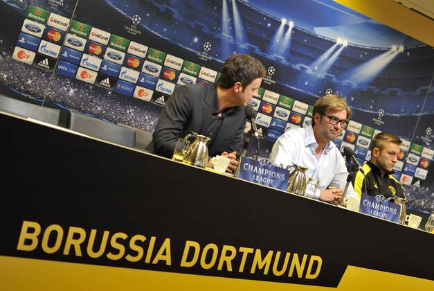 Sascha Fligge, Jürgen Klopp, coach of Borussia Dortmund and Jakub Blaszczykowski (Kuba) , in the press conference before the game - Signal Iduna Park- Dortmund- Germany - 23 04 2013 - 