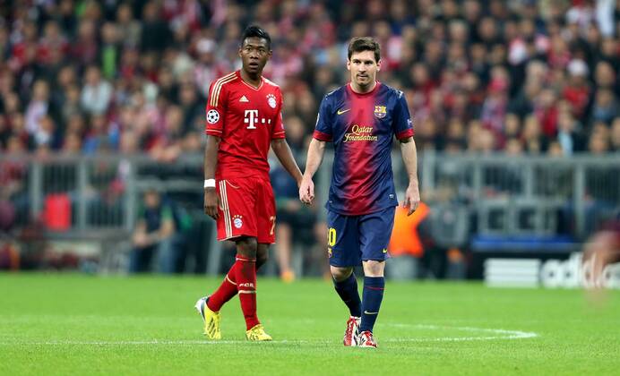 FUSSBALL - CL, Bayern vs Barcelona MUENCHEN,DEUTSCHLAND,23.APR.13 - FUSSBALL - UEFA Champions League, Halbfinale, FC Bayern München vs FC Barcelona. Bild zeigt David Alaba (Bayern) und Lionel Messi (Barcelona). 