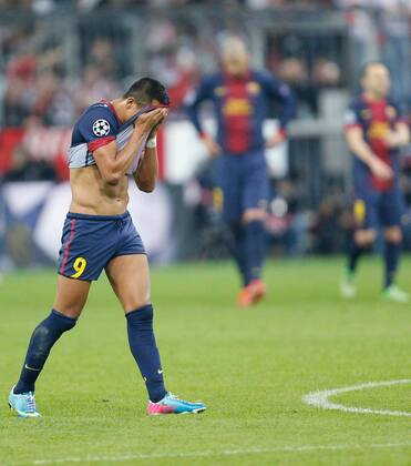 Alexis SANCHEZ (Nr.9 Barca), Gerard Pique½ ( 3 Barca), ANDRES INIESTA ( 8 Barca) ,Emotionen, enttäuscht, Enttäuschung, Frust, frustriert, Trauer ,traurig, verzweifelt, Verzweiflung FC BAYERN MÜNCHEN - FC BARCELONA ( - ) Fussball UEFA Champions League, Halbfinale Hinspiel, München, 23.04.2013 CL Saison 2012 2013, FCB, München, BARCA