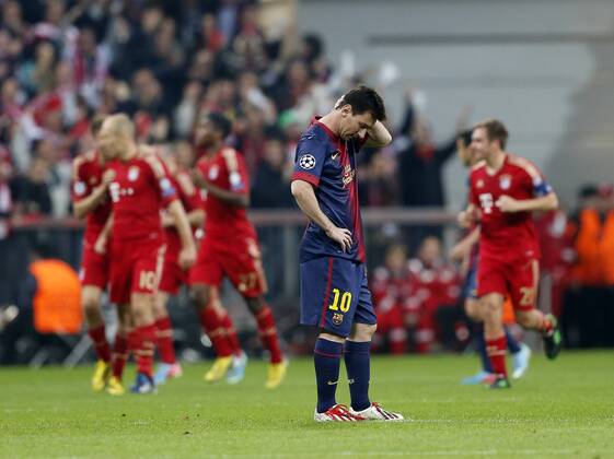 Barcelona s Lionel Messi looks on dejected after Munich s Thomas Muller s opening goal ..Bayern Munich v Barcelona - Champions League, Semi Final 1st Leg- Allianz Arena, Munich- 23 04 13 - Picture David Klein Sportimage EDITORIAL USE ONLY. No use with unauthorised audio, video, data, fixture lists, club league logos or live services. Online in-match use limited to 120 images, no video emulation. No use in betting, games or single club league player publications.