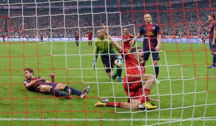 FUSSBALL CHAMPIONS LEAGUE HALBFINALE HINSPIEL 2012 2013 FC Bayern München - FC Barcelona 23.04.2013 Thomas Müller (FC Bayern München) bejubelt sein Tor zum 4:0 