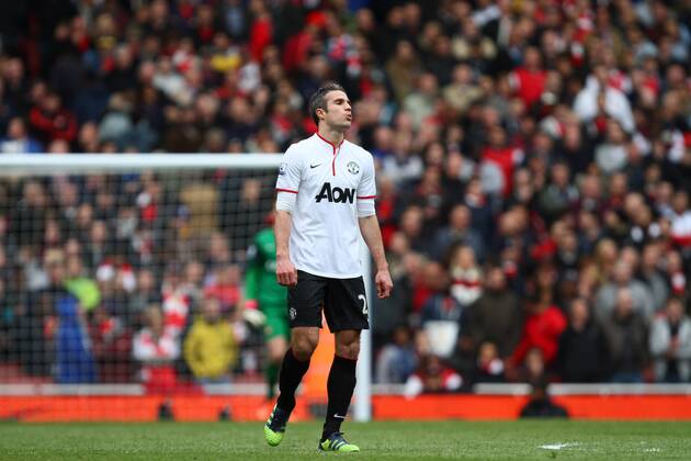 FC Arsenal London v Manchester United (ManU) . . April 28, 2013 Robin van Persie (MU) breathes a sigh of relief after scoring from the penalty spot. 1-1