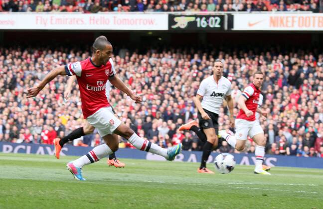 FC Arsenal London v Manchester United (ManU) . . April 28, 2013 Theo Walcott (A) scores a goal for FC Arsenal. 1-0