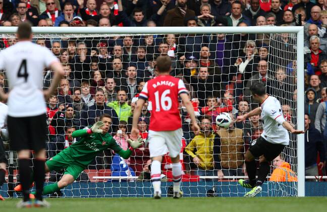 FC Arsenal London v Manchester United (ManU) . . April 28, 2013 Robin van Persie (MU) scores a goal for Manchester United from the penalty spot. 1-1