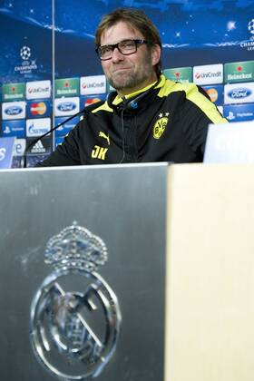 Trainer Jürgen KLOPP (Jürgen, DO) freut sich während der Pressekonferenz, Fussball Champions League, Pressekonferenz und Training von Borussia Dortmund (DO) am 29.04.2013 in Madrid Spanien