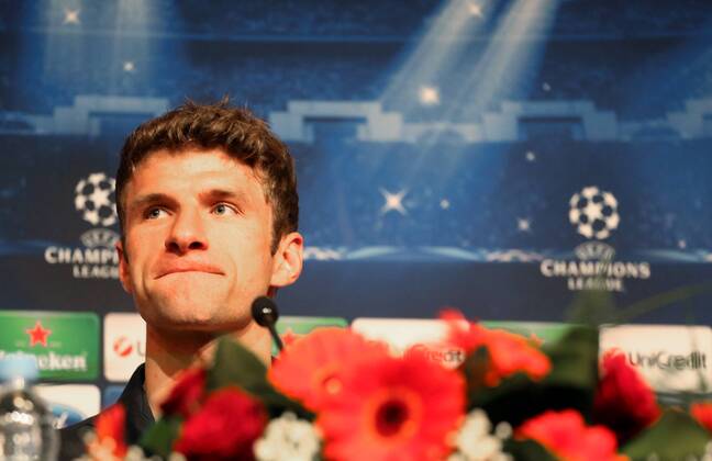 Thomas Müller (FC Bayern), bei der PK Pressekonferenz, PK, von FC Bayer München im Hotel Hosperia Tower in Barcelona, Champions League 2012 2013, vor dem Rückspiel FC Barcelona - FC Bayer München Barcelona, 30.4.2013
