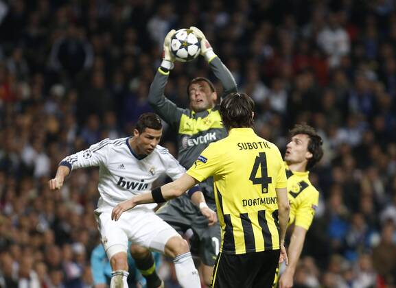 Roman Weidenfeller, Mats Hummels, Cristiano Ronaldo Soccer match between Real Madrid and Borussia Dortmund corresponding to semirfinal of the Champions League, held at the Santiago Bernabeu stadium, in Madrid 4 30 2013. 