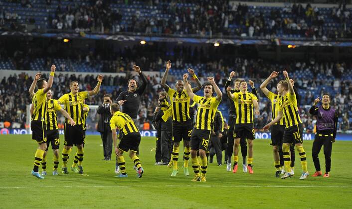 30.04.2013, Fussball Champions League Halbfinale Rückspiel: Real Madrid - Borussia Dortmund, im Bernaboy-Stadion Madrid (Spanien). Schlussjubel der Dortmunder.