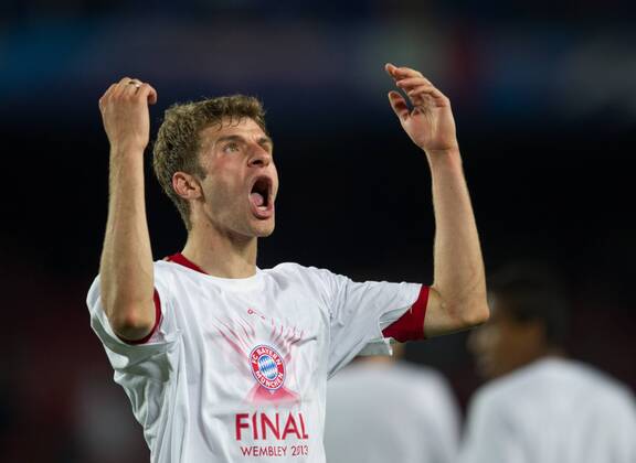 Jubel nach dem Spiel: Thomas MUELLER (BAY) jubelt. Fussball international UEFA Championsleague Saison 2012 2013 - Halbfinale Rueckspiel: FC Barcelona - FC Bayern München in Barcelona, Spanien am 01.05.2013,