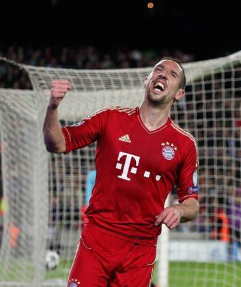 Torjubel Franck Ribery (Bayern) . FC Barcelona - FC Bayern München . Barcelona, ESP, 01.05.2013 , Halbfinale, Fussball-Champions League 2012-2013 .