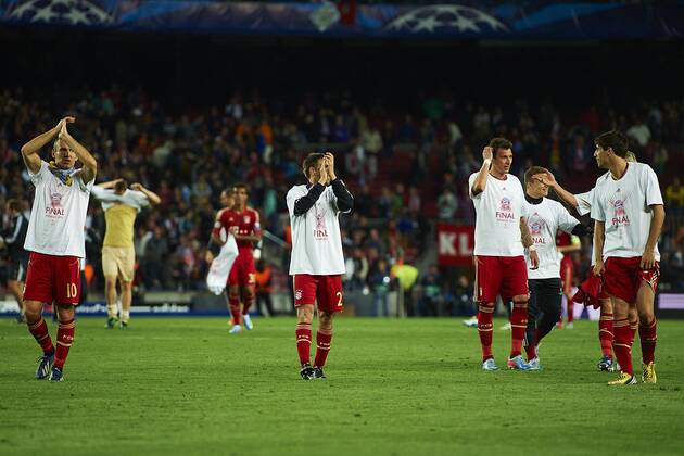 01.05.2013, UEFA Champions League Halbfinale, FC Barcelona - FC Bayern München, v.l. FC Bayern Spielern Feiern den Einzug ins Finale