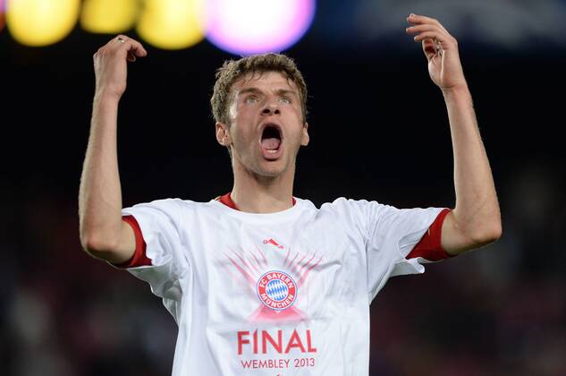 FUSSBALL CHAMPIONS LEAGUE HALBFINALE RUECKSPIEL 2012 2013 FC Barcelona - FC Bayern Muenchen 01.05.2013 Thomas Mueller (FC Bayern Muenchen) jubelt nach dem Abpfiff 