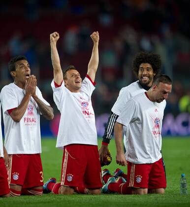 Jubel nach dem Spiel: Luiz GUSTAVO, RAFINHA, DANTE, Franck RIBERY (vl alleBAY) Fussball international UEFA Championsleague Saison 2012 2013 - Halbfinale Rückspiel: FC Barcelona - FC Bayern München in Barcelona, Spanien am 01.05.2013,
