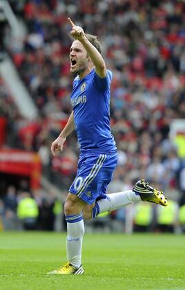 Juan Mata of Chelsea celebrates scoring the winning goal - Barclays Premier League - Manchester Utd vs Chelsea - Old Trafford Stadium - Manchester - 05 05 13 - Picture Simon Bellis Sportimage EDITORIAL USE ONLY. No use with unauthorised audio, video, data, fixture lists, club league logos or live services. Online in-match use limited to 120 images, no video emulation. No use in betting, games or single club league player publications.