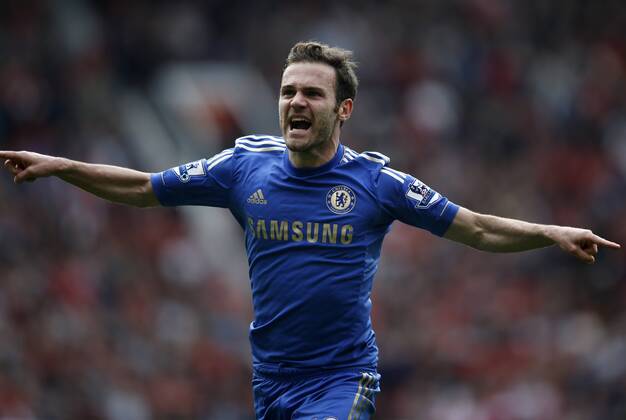 Juan Mata of Chelsea celebrates scoring the winning goal during the Barclays Premier League match between Manchester United and Chelsea at Old Trafford in Manchester, Britain on May 5, 2013. Chelsea won 1-0.(Xinhua Wang Lili) FOR EDITORIAL USE ONLY. NOT FOR SALE FOR MARKETING OR ADVERTISING CAMPAIGNS. NO USE WITH UNAUTHORIZED AUDIO, VIDEO, DATA, FIXTURE LISTS, CLUB LEAGUE LOGOS OR LIVE SERVICES. ONLINE IN-MATCH USE LIMITED TO 45 IMAGES, NO VIDEO EMULATION. NO USE IN BETTING, GAMES OR SINGLE CLUB LEAGUE PLAYER PUBLICATIONS. BRITAIN-MANCHESTER-SOCCER-PREMIER LEAGUE-MAN UTD VS CHELSEA
