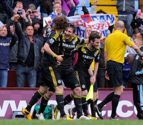 Frank Lampard of Chelsea celebrates his 203 goal for the club with David Luiz of Chelsea - Barclays Premier League - Aston Villa vs Chelsea - Villa Park Stadium - Birmingham - England - 11 05 13 - Picture Simon Bellis Sportimage EDITORIAL USE ONLY. No use with unauthorised audio, video, data, fixture lists, club league logos or live services. Online in-match use limited to 120 images, no video emulation. No use in betting, games or single club league player publications.