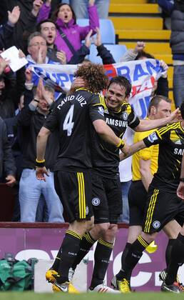 Frank Lampard of Chelsea celebrates his 203 goal for the club with David Luiz of Chelsea - Barclays Premier League - Aston Villa vs Chelsea - Villa Park Stadium - Birmingham - England - 11 05 13 - Picture Simon Bellis Sportimage EDITORIAL USE ONLY. No use with unauthorised audio, video, data, fixture lists, club league logos or live services. Online in-match use limited to 120 images, no video emulation. No use in betting, games or single club league player publications.