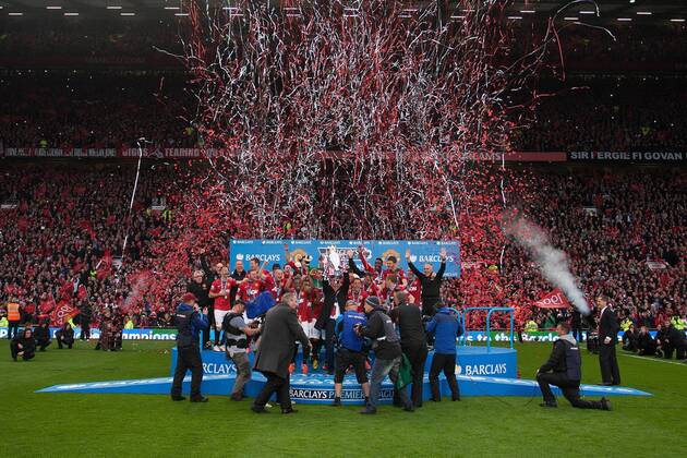 Football - Premier League 2012 2013 - Manchester United - Alex Ferguson, manager of Manchester United leads trophy celebrations at Old Trafford