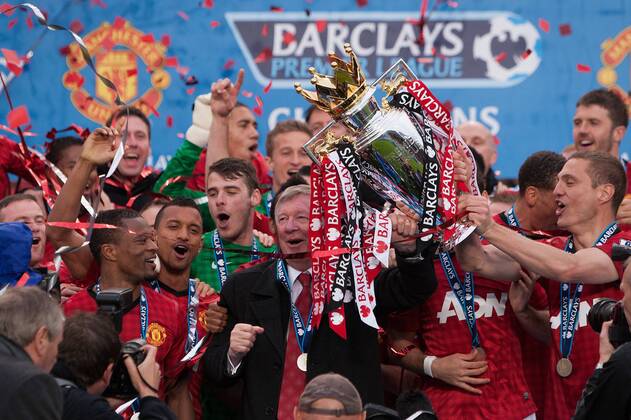 Football - Premier League 2012 2013 - Manchester United - Alex Ferguson, manager of Manchester United leads trophy celebrations at Old Trafford