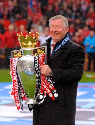 Sir Alex Ferguson manager of Manchester United with the Premier League trophy - Barclays Premier League - Manchester United ManU - Old Trafford Stadium - Manchester - England - 12 05 13 - Picture Simon Bellis Sportimage EDITORIAL USE ONLY. No use with unauthorised audio, video, data, fixture lists, club league logos or live services. Online in-match use limited to 120 images, no video emulation. No use in betting, games or single club league player publications.