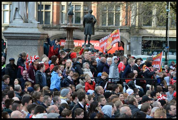 Manchester United Fans wait for Manchester United players to turn up in Albert Square, Manchester, Manchester United celebrate winning their 20th league title winning the Premier League, Monday May 13, 2013. AndrewxParsonsx xi-Images AJP