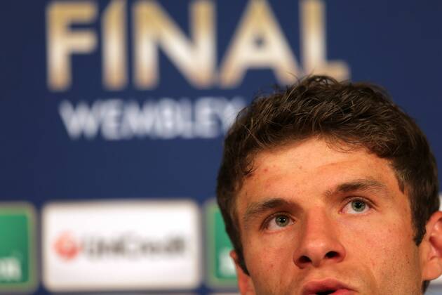 FUSSBALL - CL Finale, Dortmund vs Bayern, Vorberichte MÜNCHEN,DEUTSCHLAND,14.MAI.13 - FUSSBALL - UEFA Champions League Finale, Borussia Dortmund vs FC Bayern München, Vorberichte, Pressekonferenz von Bayern München im Rahmen des Open Media Day. Bild zeigt Thomas Müller (Bayern). 