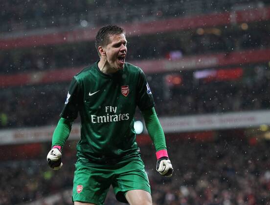 Arsenal s Wojciech Szczesny celebrates his sides second goal - Barclays Premier League - Arsenal vs Wigan - Emirates Stadium - London - 14 05 2013 - Pic David Klein Sportimage EDITORIAL USE ONLY. No use with unauthorised audio, video, data, fixture lists, club league logos or live services. Online in-match use limited to 120 images, no video emulation. No use in betting, games or single club league player publications.