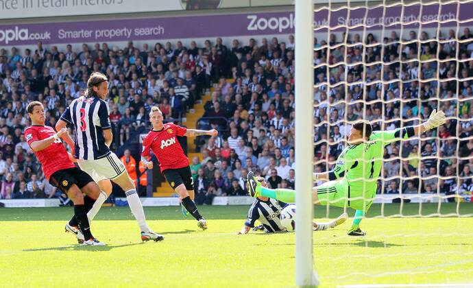 Manchester United s Alex Buttner scoring his sides third goal..- Barclays Premier League - West Bromwich Albion vs Manchester United - The Hawthrowns - West Bromwich - 19 05 2013 - Pic David Klein Sportimage EDITORIAL USE ONLY. No use with unauthorised audio, video, data, fixture lists, club league logos or live services. Online in-match use limited to 120 images, no video emulation. No use in betting, games or single club league player publications.