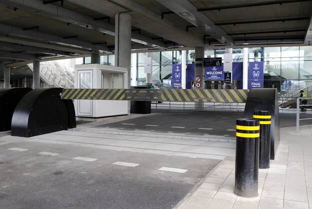 A saftey barrier is up around the stadium amid heightened security - Champions League Final preview pictures - Wembley Stadium - London - England -24 05 2013 - Pic David Klein Sportimage EDITORIAL USE ONLY. No use with unauthorised audio, video, data, fixture lists, club league logos or live services. Online in-match use limited to 120 images, no video emulation. No use in betting, games or single club league player publications.