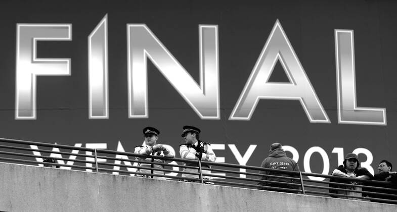 Security in front of the stadium before the final of the Champions league between Borussia Dortmund and FC Bayern Munich, Wembley Stadium in London on May 25., 2013. Borussia Dortmund gegen FC Bayern München im Finale der Champions League in der Saison 2012 2013 am 25. Mai 2013.